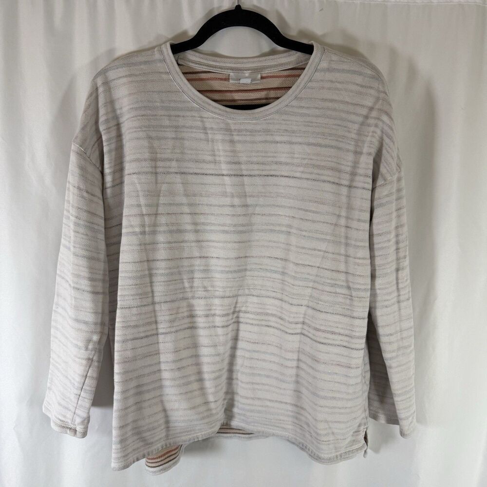 Pure Jill Sweater Women's Small White Striped Crewneck Long Sleeve Pockets